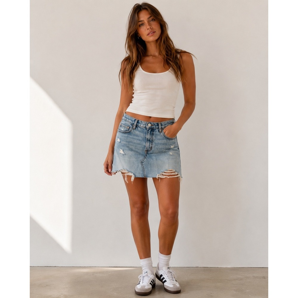 FRAME Le High N Tight Denim Mini Skirt Legacy‎ Baines Distressed Light Wash 27